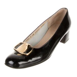 Vintage SALVATORE FERRAGAMO Patent Leather Grosgrain Trim Pumps Size 9.5 Black